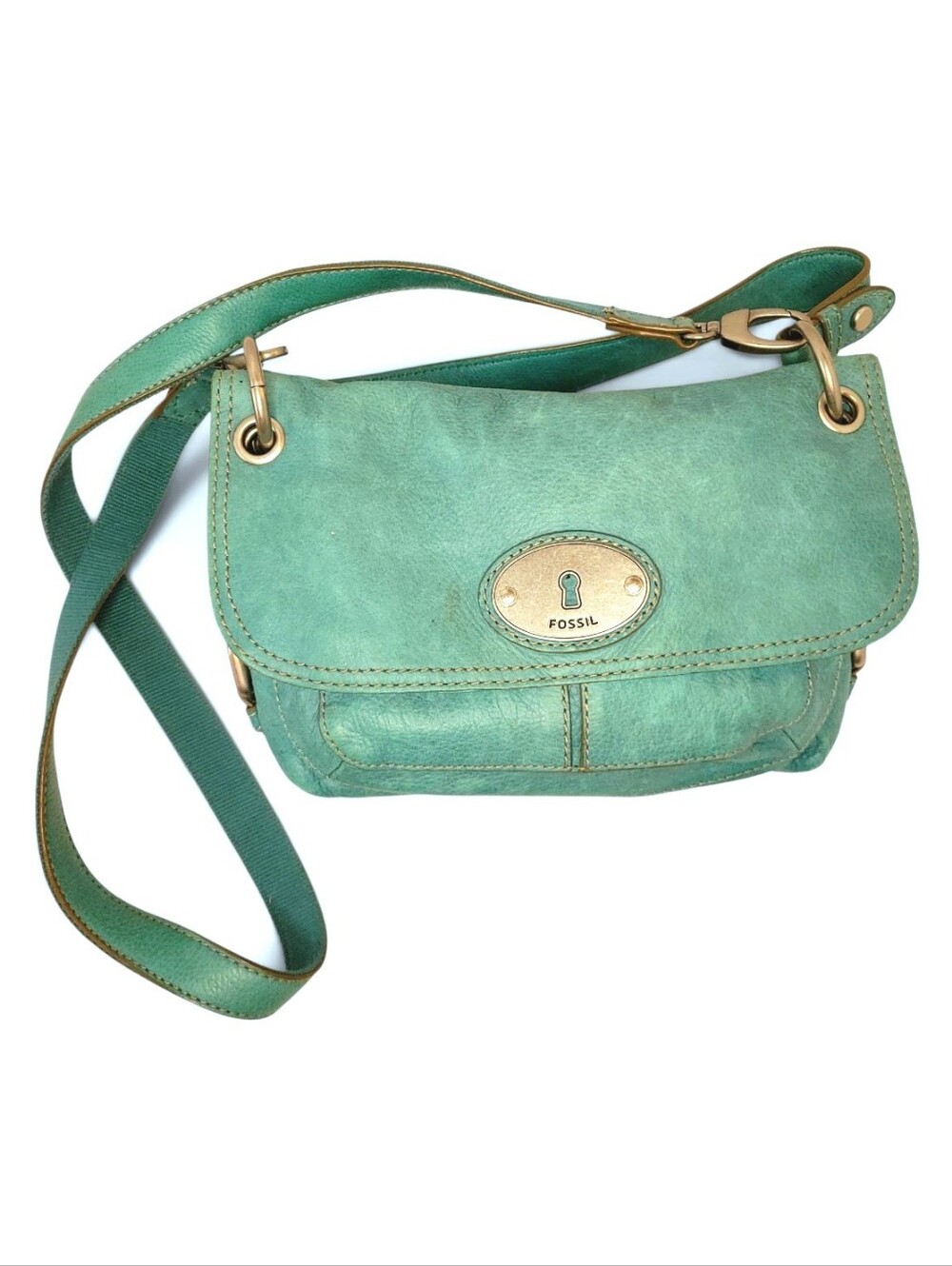 Fossil Vintage Maddox Teal Distressed Leather Flap Crossbody Bag